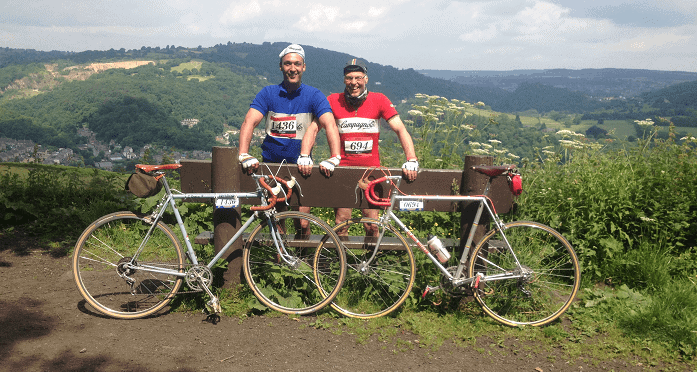 Geoff and David with their bikes in the Peak District.