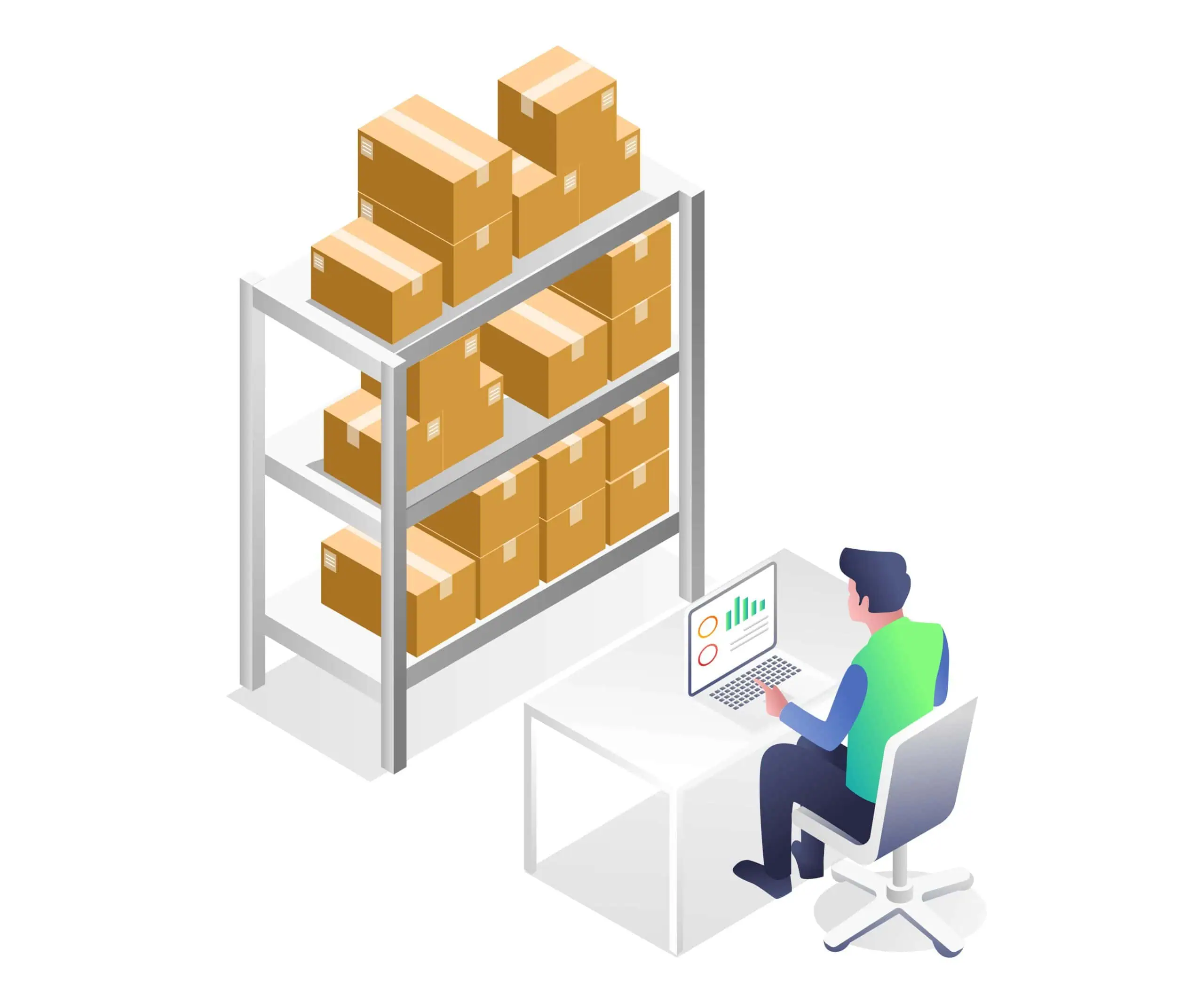 Man taking stock of storage boxes on a computer